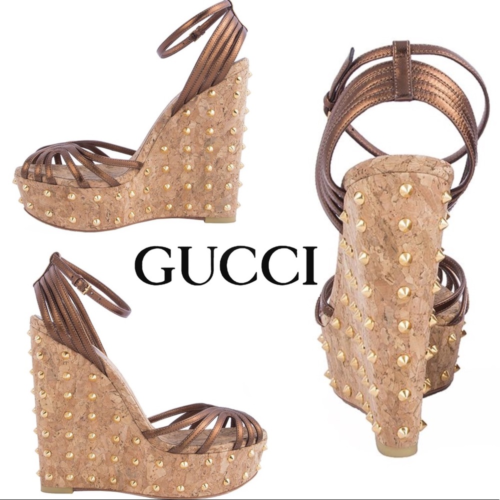 GUCCI studded bronze metallic wedges temp price ⬇️